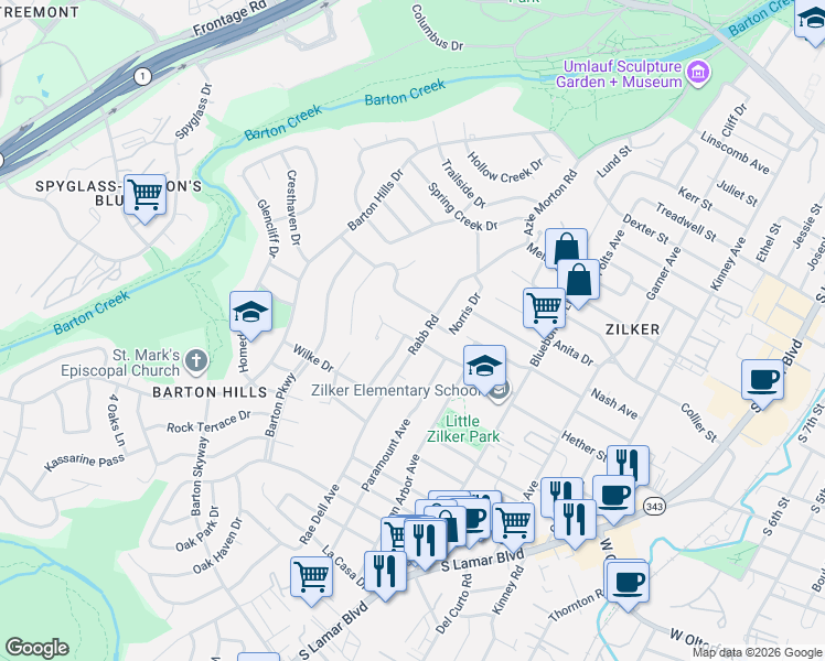 map of restaurants, bars, coffee shops, grocery stores, and more near 2304 Rundell Place in Austin
