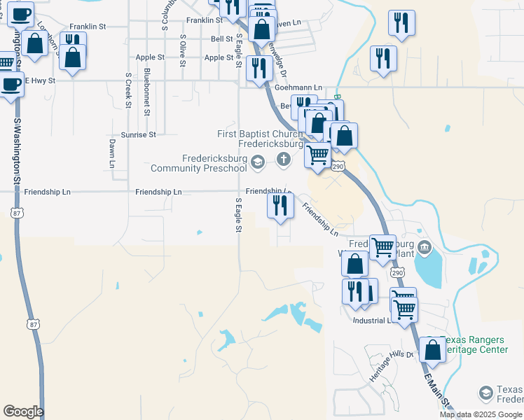 map of restaurants, bars, coffee shops, grocery stores, and more near 1015 Friendship Lane in Fredericksburg
