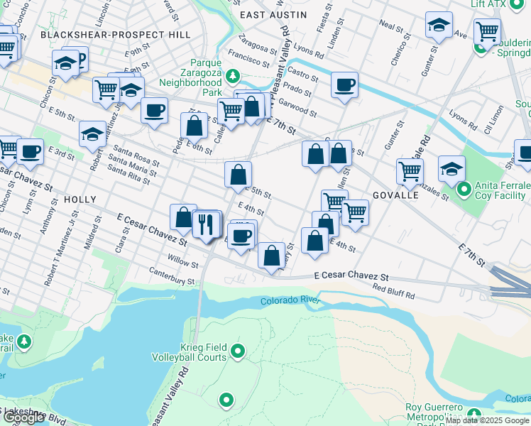 map of restaurants, bars, coffee shops, grocery stores, and more near 408 Linden Street in Austin