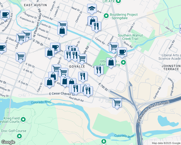 map of restaurants, bars, coffee shops, grocery stores, and more near 641 Mansell Avenue in Austin