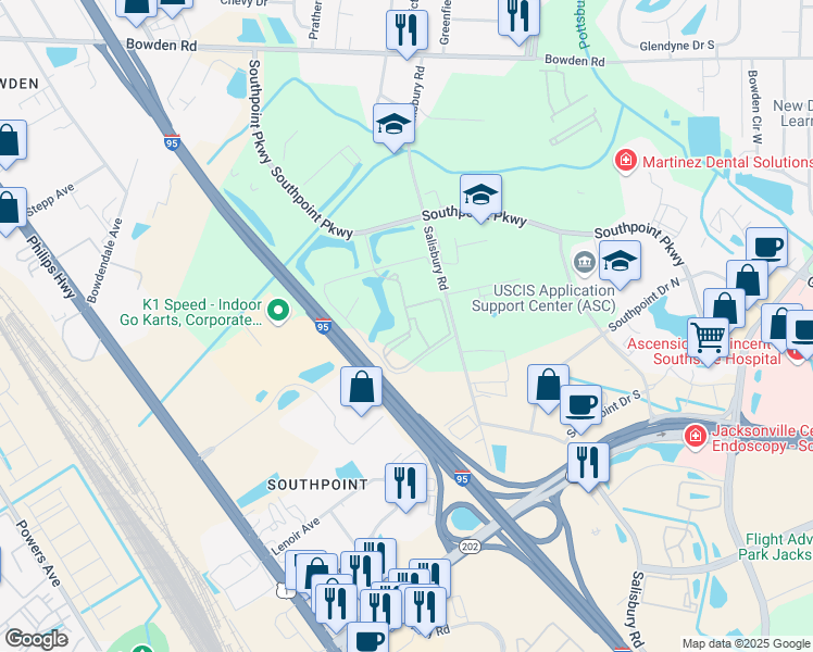 map of restaurants, bars, coffee shops, grocery stores, and more near 6650 Corporate Center Parkway in Jacksonville