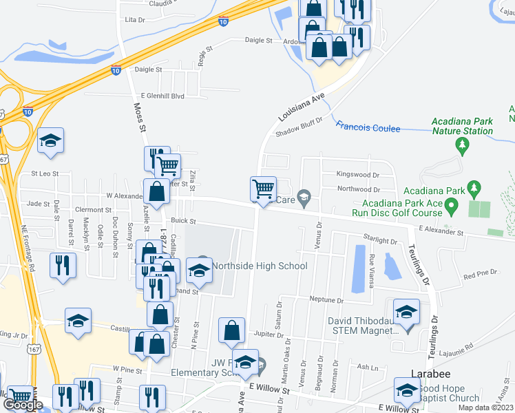 map of restaurants, bars, coffee shops, grocery stores, and more near 501 East Alexander Street in Lafayette