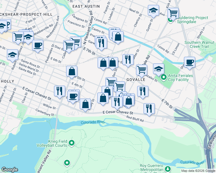 map of restaurants, bars, coffee shops, grocery stores, and more near 503 Allen Street in Austin