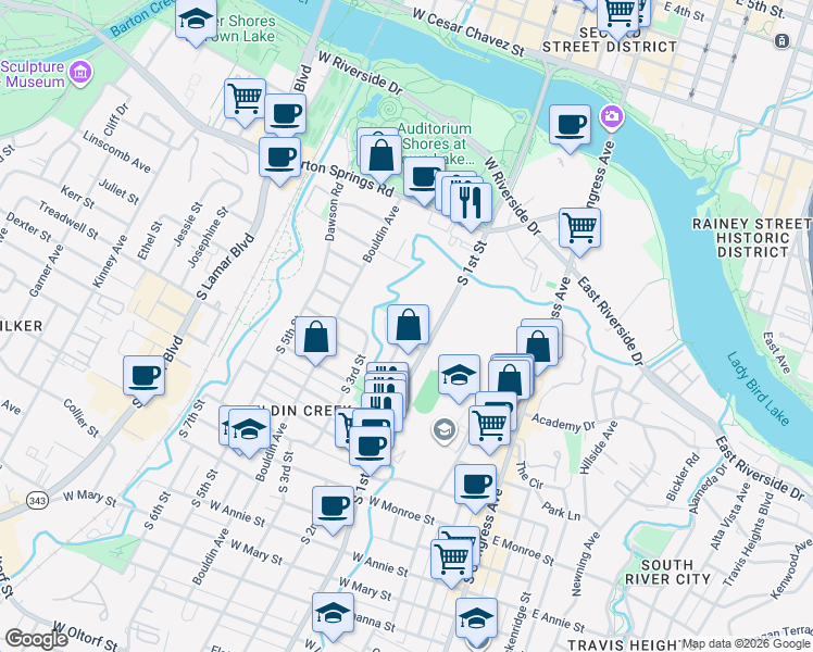 map of restaurants, bars, coffee shops, grocery stores, and more near 900 South 2nd Street in Austin