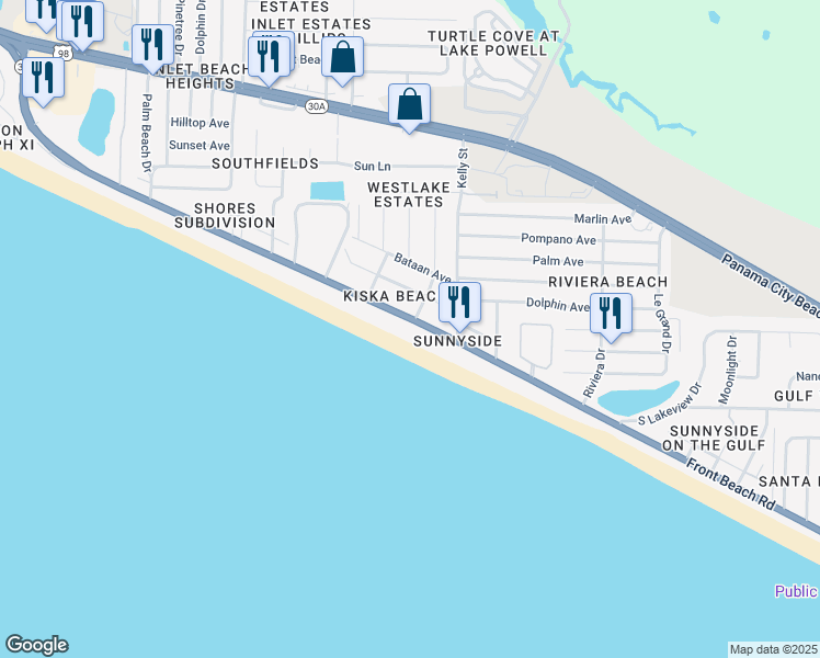 map of restaurants, bars, coffee shops, grocery stores, and more near 22005 Front Beach Road in Panama City Beach