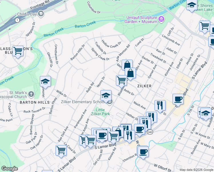 map of restaurants, bars, coffee shops, grocery stores, and more near 2109 Peach Tree Street in Austin