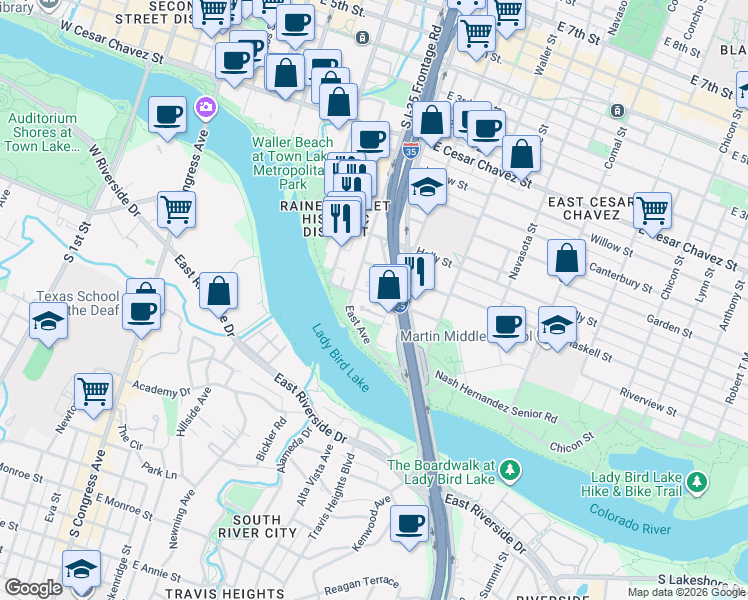 map of restaurants, bars, coffee shops, grocery stores, and more near 34 San Marcos Street in Austin