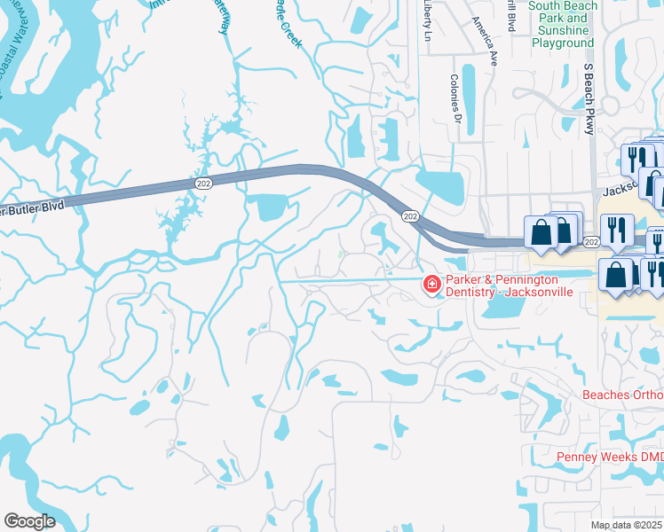 map of restaurants, bars, coffee shops, grocery stores, and more near 1701 The Greens Way in Jacksonville Beach