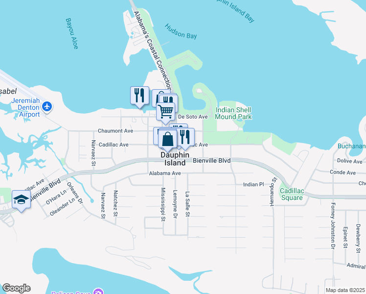 map of restaurants, bars, coffee shops, grocery stores, and more near 919 Cadillac Avenue in Dauphin Island
