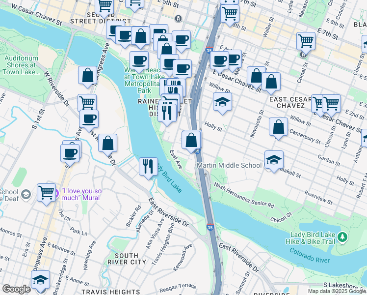 map of restaurants, bars, coffee shops, grocery stores, and more near 34 San Marcos Street in Austin