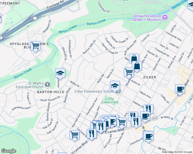map of restaurants, bars, coffee shops, grocery stores, and more near 2304 Rundell Place in Austin