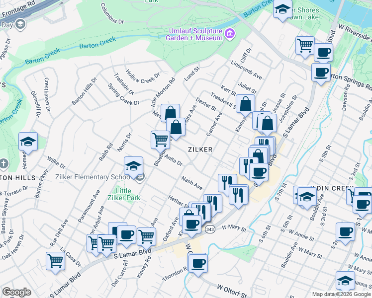 map of restaurants, bars, coffee shops, grocery stores, and more near 1810 Collier Street in Austin