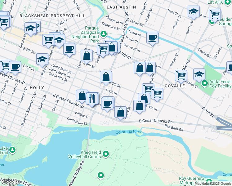 map of restaurants, bars, coffee shops, grocery stores, and more near 408 Linden Street in Austin