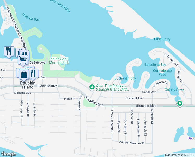 map of restaurants, bars, coffee shops, grocery stores, and more near 409 Carolyn Dr in Dauphin Island