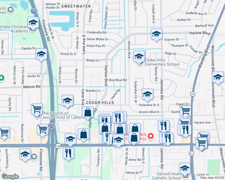 map of restaurants, bars, coffee shops, grocery stores, and more near 4622 Morley Lane in Jacksonville