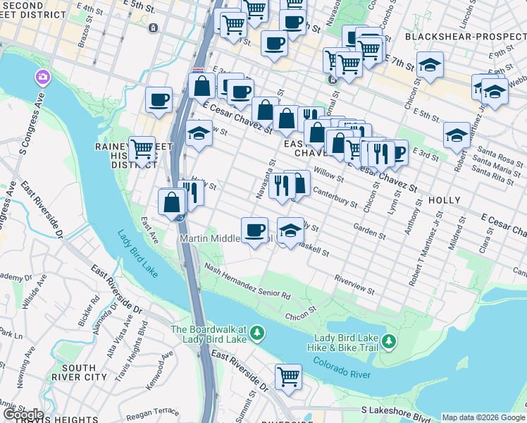 map of restaurants, bars, coffee shops, grocery stores, and more near 1407 Holly Street in Austin