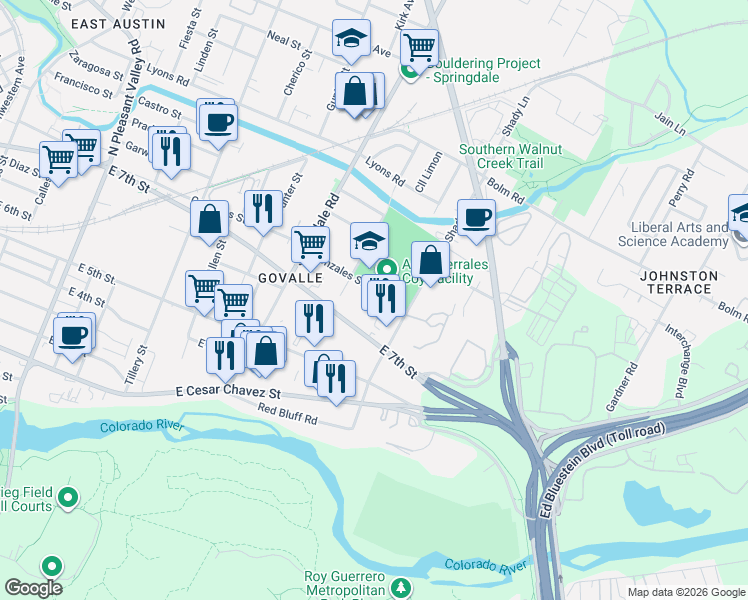 map of restaurants, bars, coffee shops, grocery stores, and more near 4819 Gonzales Street in Austin