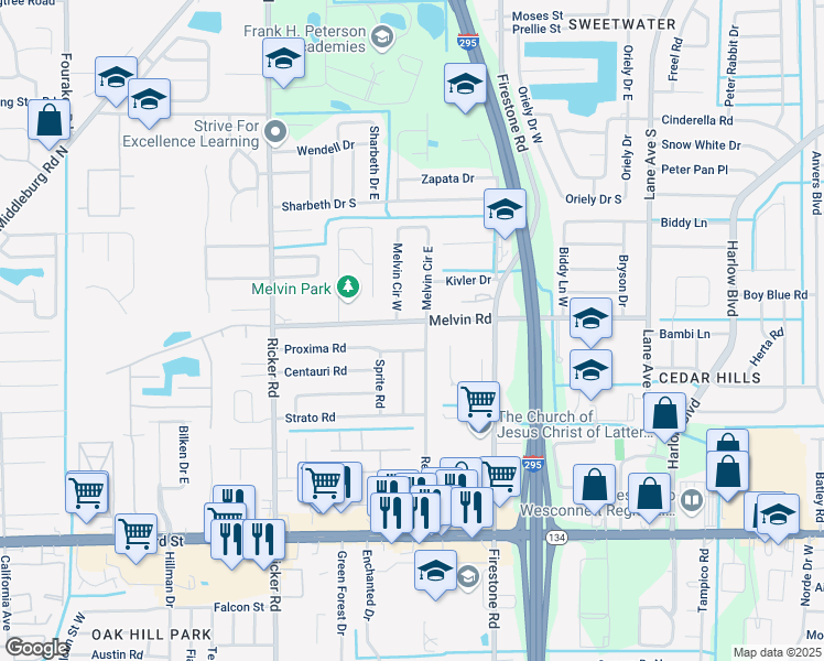 map of restaurants, bars, coffee shops, grocery stores, and more near 7326 Melvin Road in Jacksonville