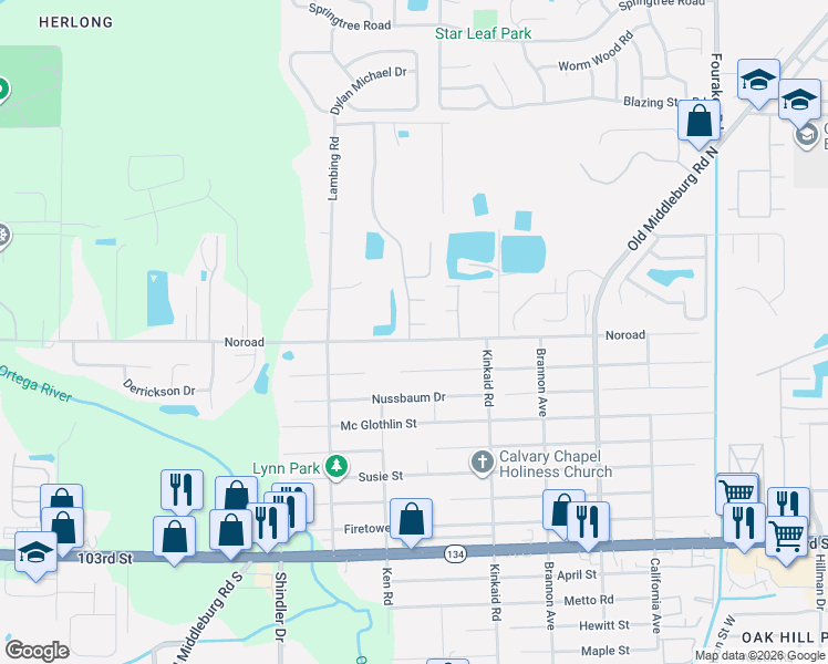 map of restaurants, bars, coffee shops, grocery stores, and more near 8591 Noroad in Jacksonville