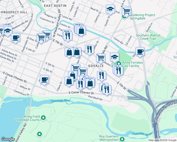 map of restaurants, bars, coffee shops, grocery stores, and more near 600 Springdale Road in Austin
