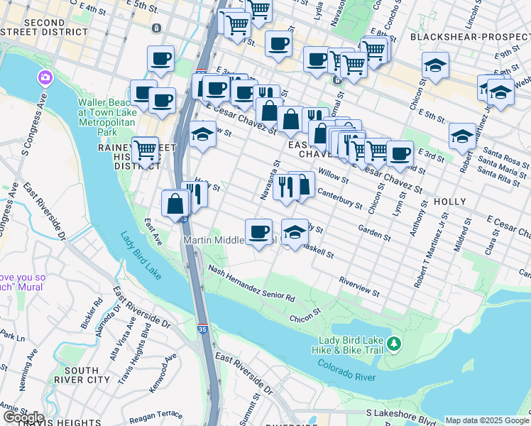 map of restaurants, bars, coffee shops, grocery stores, and more near 52 Navasota Street in Austin
