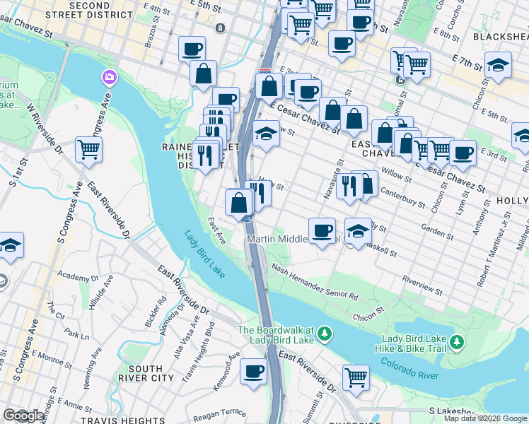 map of restaurants, bars, coffee shops, grocery stores, and more near 46 Waller Street in Austin