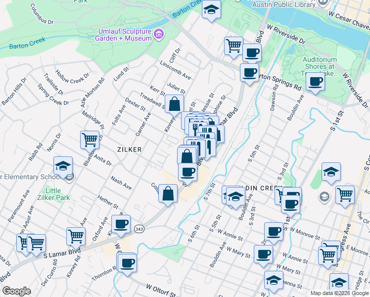 map of restaurants, bars, coffee shops, grocery stores, and more near 1318-1322 Lamar Square Drive in Austin