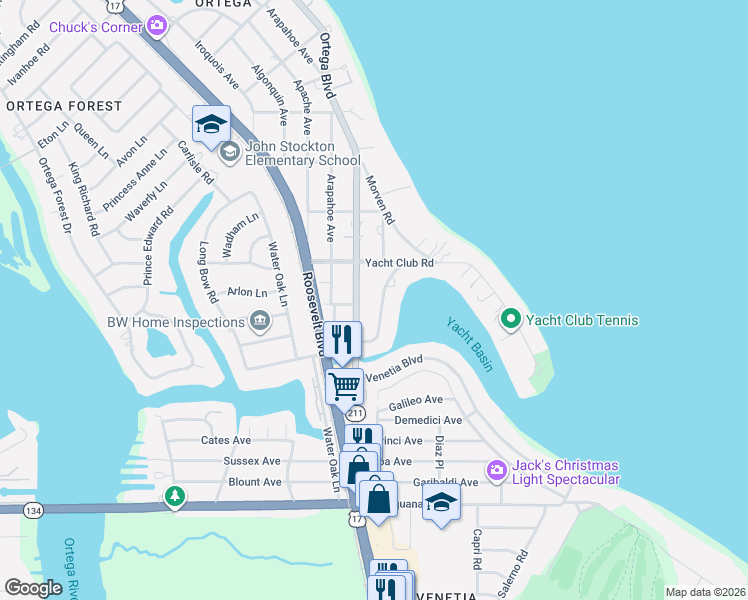 map of restaurants, bars, coffee shops, grocery stores, and more near 5101 Ortega Boulevard in Jacksonville