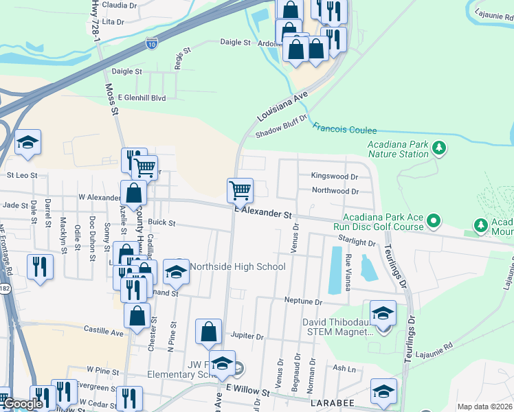 map of restaurants, bars, coffee shops, grocery stores, and more near 501-595 East Alexander Street in Lafayette
