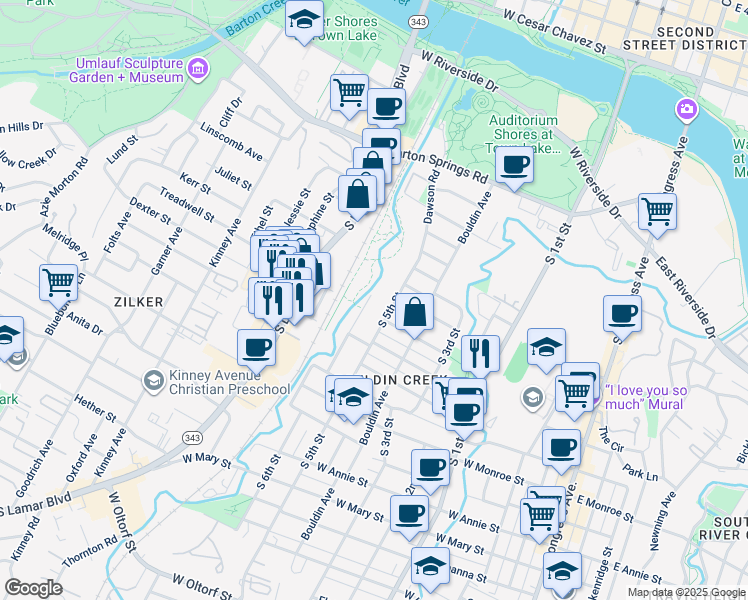 map of restaurants, bars, coffee shops, grocery stores, and more near 1103 South 6th Street in Austin