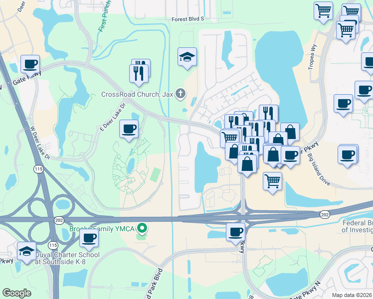 map of restaurants, bars, coffee shops, grocery stores, and more near 10000 Gate Parkway North in Jacksonville