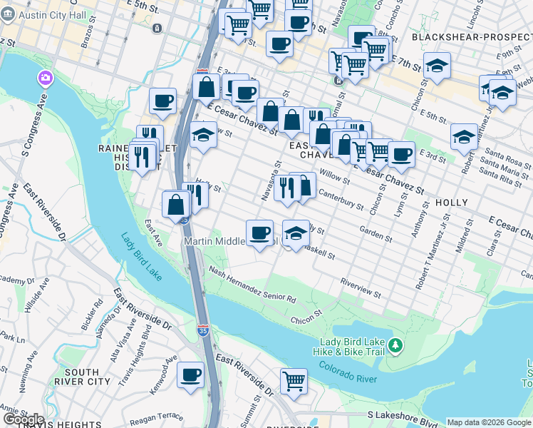 map of restaurants, bars, coffee shops, grocery stores, and more near 52 Navasota Street in Austin