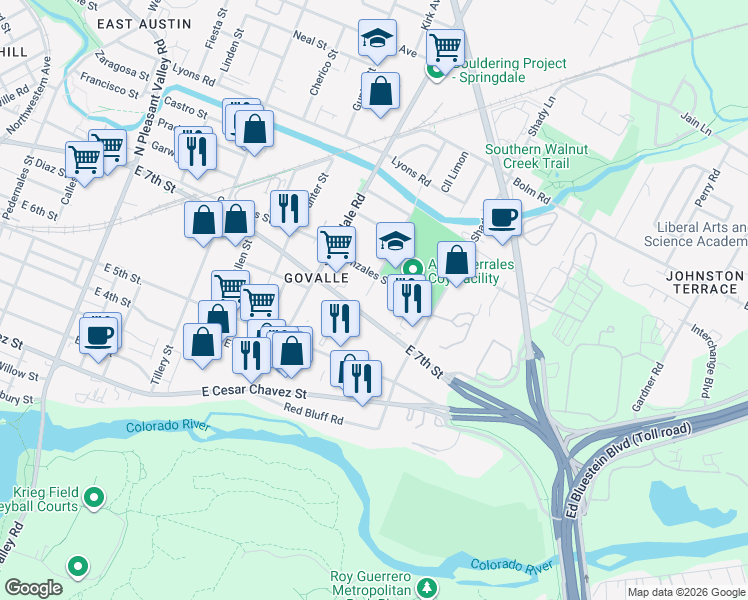 map of restaurants, bars, coffee shops, grocery stores, and more near 641 Mansell Avenue in Austin