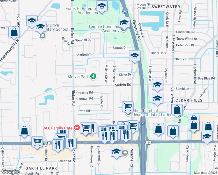 map of restaurants, bars, coffee shops, grocery stores, and more near 7326 Melvin Rd in Jacksonville