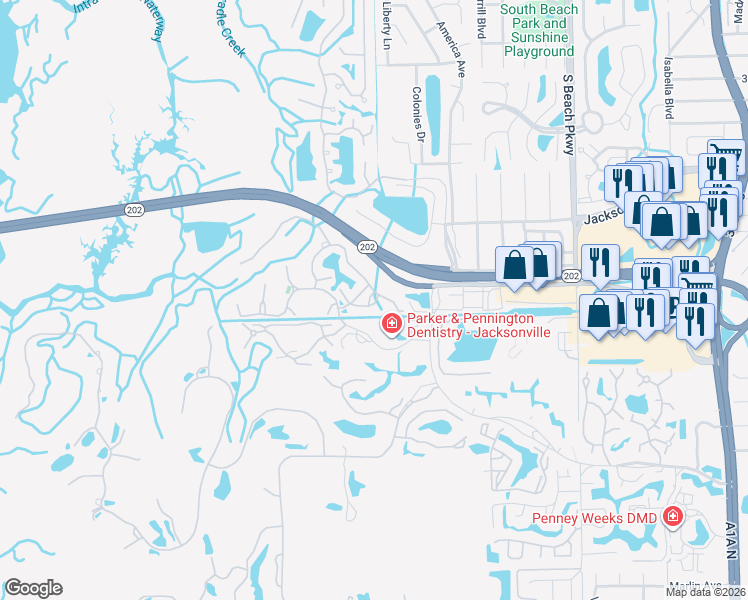 map of restaurants, bars, coffee shops, grocery stores, and more near 1655 The Greens Way in Jacksonville Beach