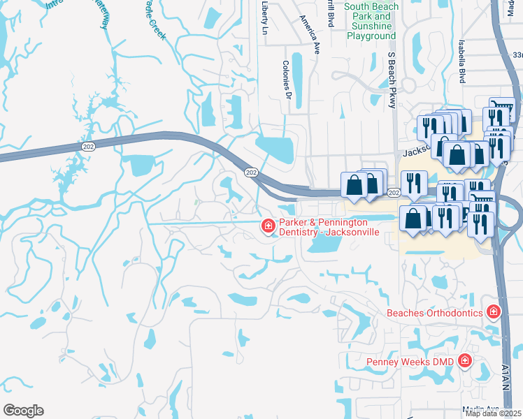 map of restaurants, bars, coffee shops, grocery stores, and more near 1655 The Greens Way in Jacksonville Beach