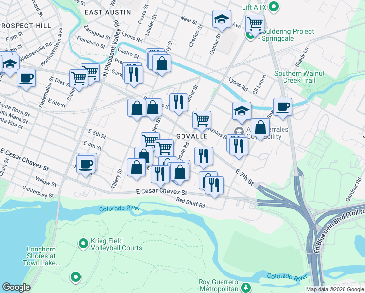 map of restaurants, bars, coffee shops, grocery stores, and more near 604 Springdale Road in Austin