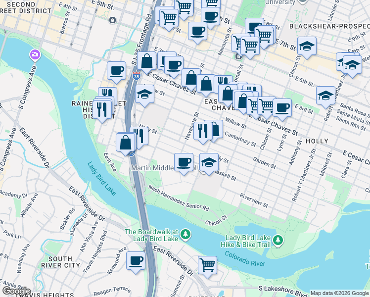 map of restaurants, bars, coffee shops, grocery stores, and more near 1401 Holly Street in Austin