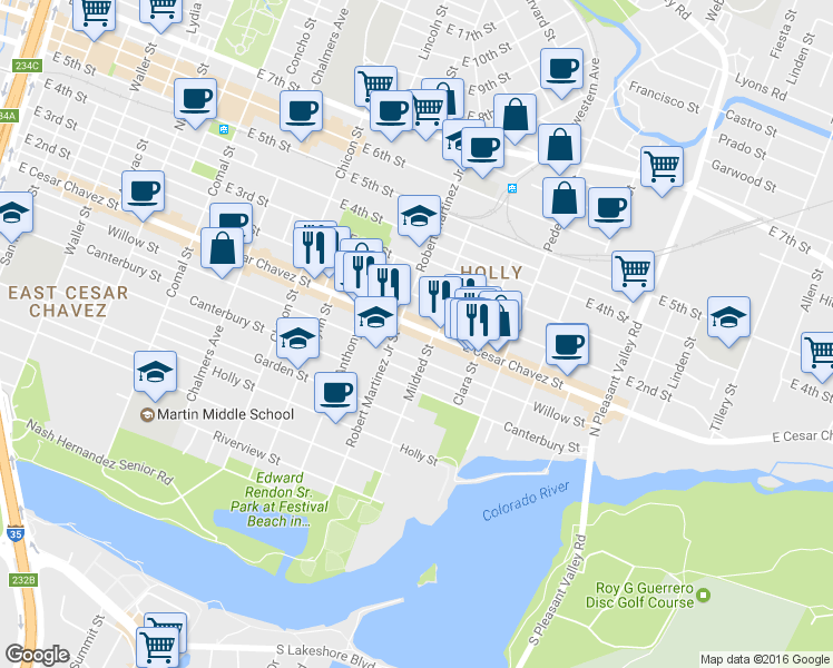 map of restaurants, bars, coffee shops, grocery stores, and more near 2209 East Cesar Chavez Street in Austin