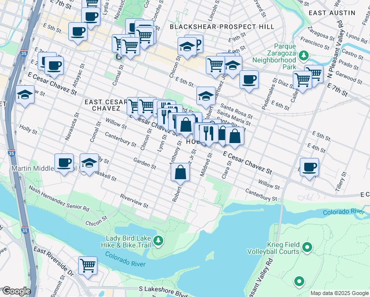 map of restaurants, bars, coffee shops, grocery stores, and more near 2106 Willow Street in Austin