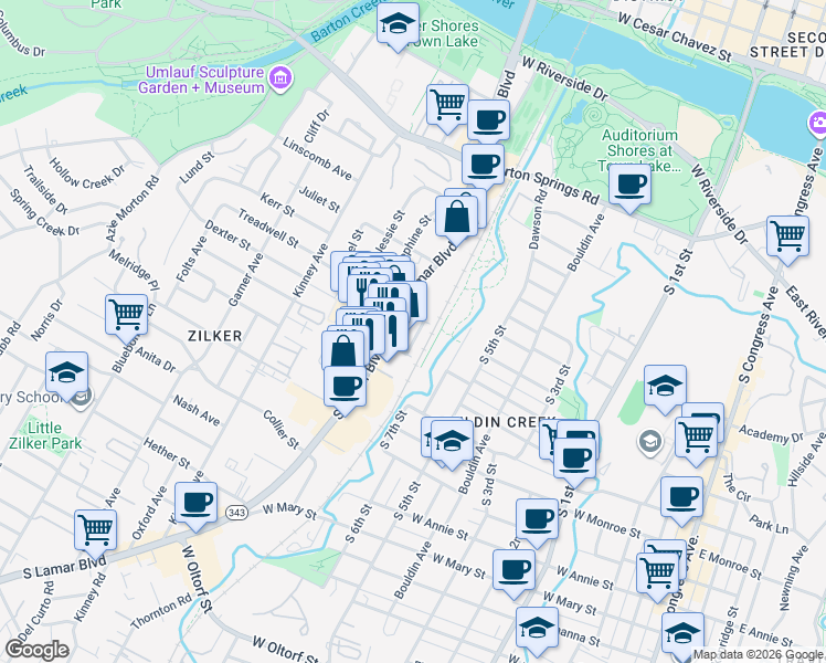 map of restaurants, bars, coffee shops, grocery stores, and more near 1006 South 8th Street in Austin