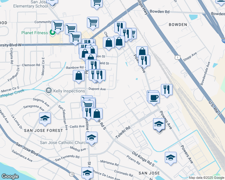 map of restaurants, bars, coffee shops, grocery stores, and more near 3760 Dupont Avenue in Jacksonville