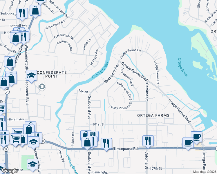 map of restaurants, bars, coffee shops, grocery stores, and more near 4873 Lofty Pines Circle West in Jacksonville