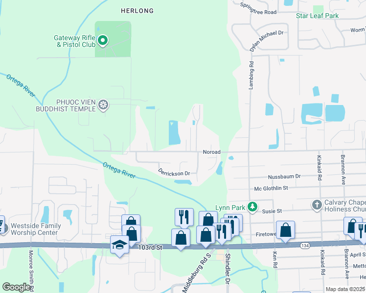map of restaurants, bars, coffee shops, grocery stores, and more near 9007 Noroad in Jacksonville