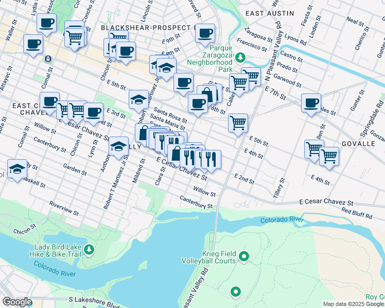 map of restaurants, bars, coffee shops, grocery stores, and more near 2503 East 2nd Street in Austin