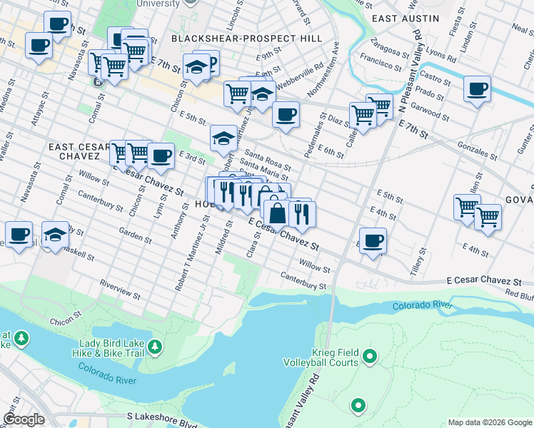 map of restaurants, bars, coffee shops, grocery stores, and more near 2412 East Cesar Chavez Street in Austin