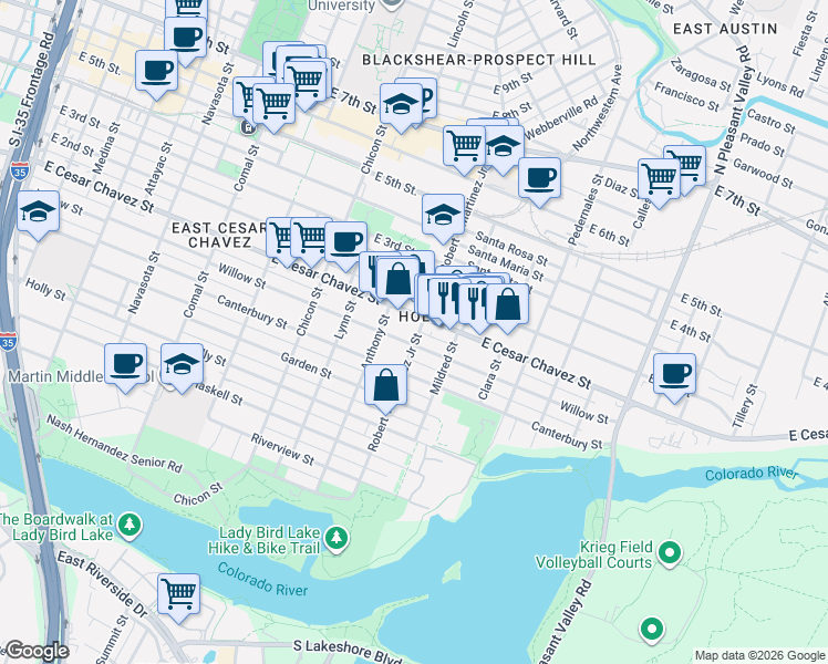 map of restaurants, bars, coffee shops, grocery stores, and more near 2204 Willow Street in Austin