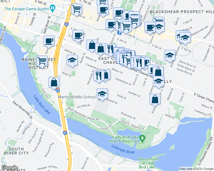 map of restaurants, bars, coffee shops, grocery stores, and more near 1606 Holly Street in Austin