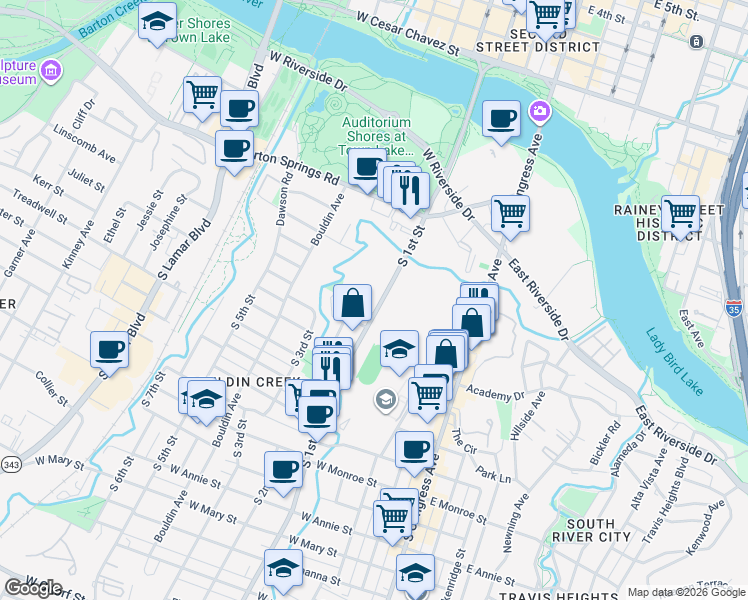 map of restaurants, bars, coffee shops, grocery stores, and more near 720 South 1st Street in Austin