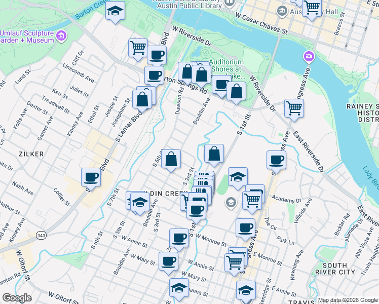 map of restaurants, bars, coffee shops, grocery stores, and more near 802 Christopher Street in Austin